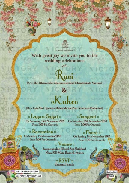 "A Majestic Digital Wedding Invitation Card with Regal Golden Greeter Arch Frame, Mesmerizing Vista Blue Background, and Lively Summer Pink Blossoms, Featuring Revered Brown God Ganesh Illustration and Vital Details."