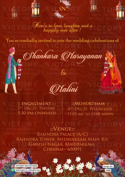 Wedding ceremony invitation card of hindu south indian tamil family in english language with traditional theme design 1888