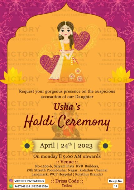A Captivating Haldi Invitation with the Splendor of Burnt Pink Backdrop, Rust Brown Arch Design, Divine Ganesha Motif, Bride's stunning Doodle, and Lotus Delights, Design no.19