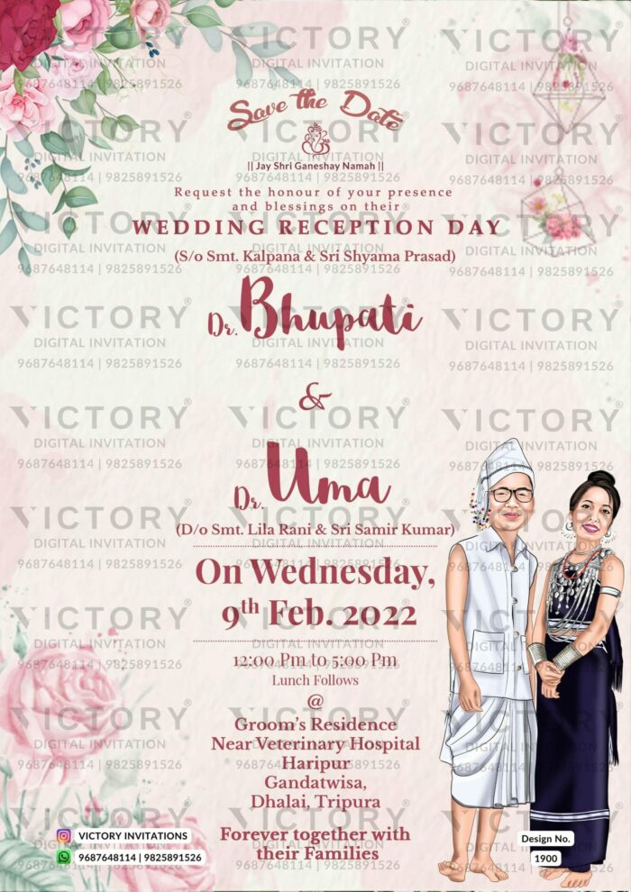 A Stunning Floral-Themed Design Featuring a Classic English Couple in Traditional Attire and Om Shri Ganesh Illustration for an Indian-Hindu Wedding Ceremony, with Various Flower-Patterned Illustrations and Textual Elements in the English Language on a Textured Pastel Crepe Pink Background. Design no. 1900