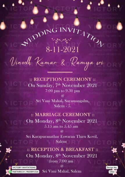 Wedding ceremony invitation card of hindu south indian tamil family in english language with shining theme design 1903