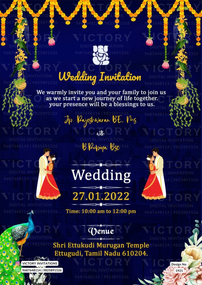 Wedding ceremony invitation card of hindu south indian tamil family in english language with peacock floral theme design 1921