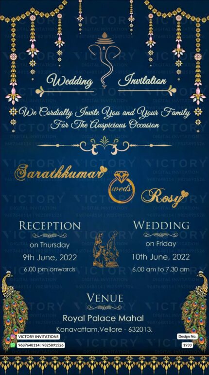 Wedding ceremony invitation card of hindu south indian tamil family in english language with vintage theme design 1933