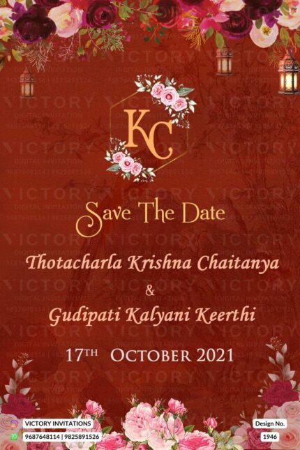 "Elegant Indian-Hindu Save The Date Card with Botanical Flowers, Peacock & Ganesh Illustrations for an Upcoming Wedding Celebration" Design no. 1946