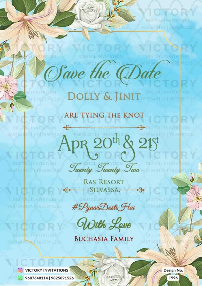"A Captivating Save The Date Ceremony Invitation in Shades of Mint Tulip, Pale Blue Lily, and Ethereal Sky Blue, Framed in Glistening Gold." Design no. 1996