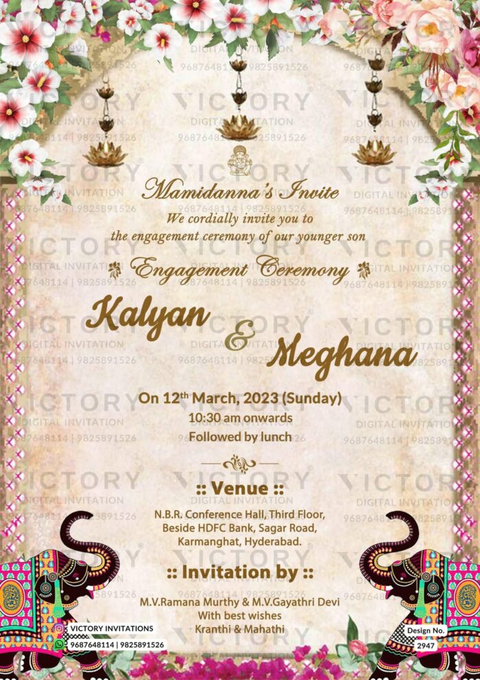 Water-colored Ivory and Beige Floral and Vintage Theme Indian Digital Engagement Invitation Cards, Design no. 2947