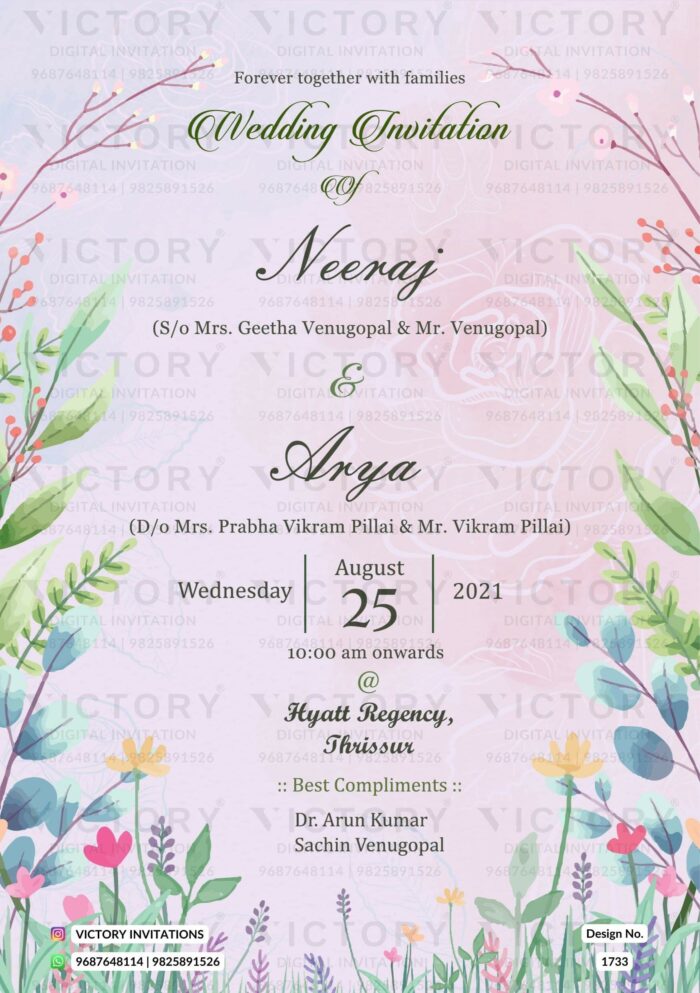 "A Digital Invitation Card Featuring a Captivating Blend of Prussian Blue, Mint Cream, and Milky White Hues, Adorned with a stunning Doodle of the Couple, Vivid Florals, and Lush Leaves."