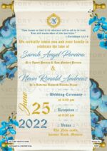 Gold and Blue Whimsical Cinderella Theme Digital Wedding Invites with Couple Caricature illustration, Design no. 1210