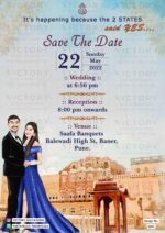 "A Dazzling Destination Theme Wedding Invitation Card Featuring Mesmerizing Watercolor Illustrations, a Unique Couple Logo, and an Auspicious Ganesha Symbol - Perfect for Two State Weddings and Delightful Caricature Illustrations of the Couple!" Design no. 2001