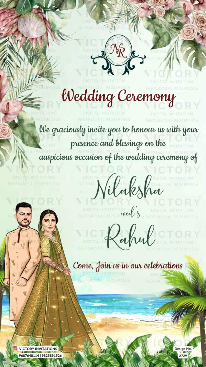 Pastel Green and Pink Whimsical Theme Indian Wedding E-cards with Couple Caricature and Festive No-face Couple Doodle Illustrations, Design no. 2729