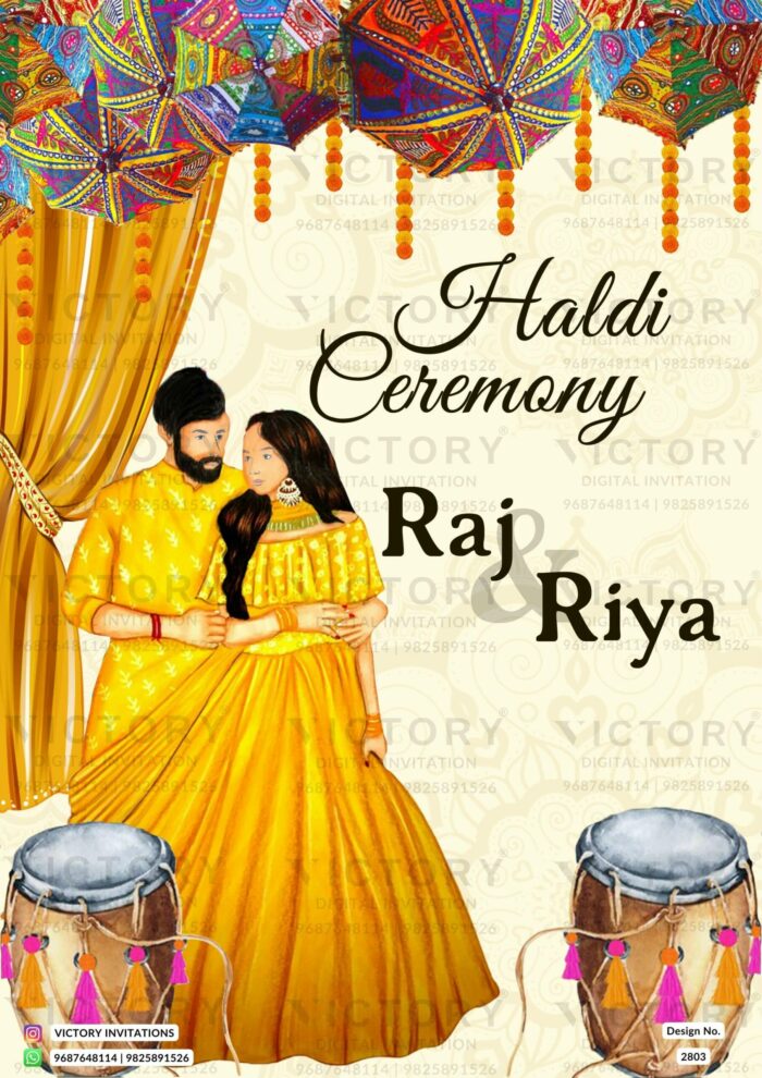 Traditional Yellow and Black Whimsical Theme Indian Electronic Wedding Invitations with Festive Wedding Couple Illustrations, Design no. 2803