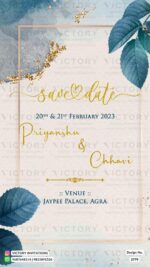 A Captivating Digital Wedding Invitation with Enchanting Couple Doodles, a Serene Background Awash in Radiant Hues, and Intricate Botanical Leaves. Design no. 2779