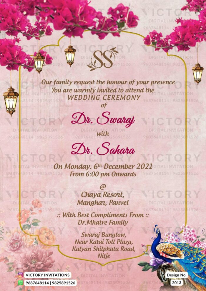 Wedding ceremony invitation card of hindu maharashtrian marathi family in english language with floral theme design 2013