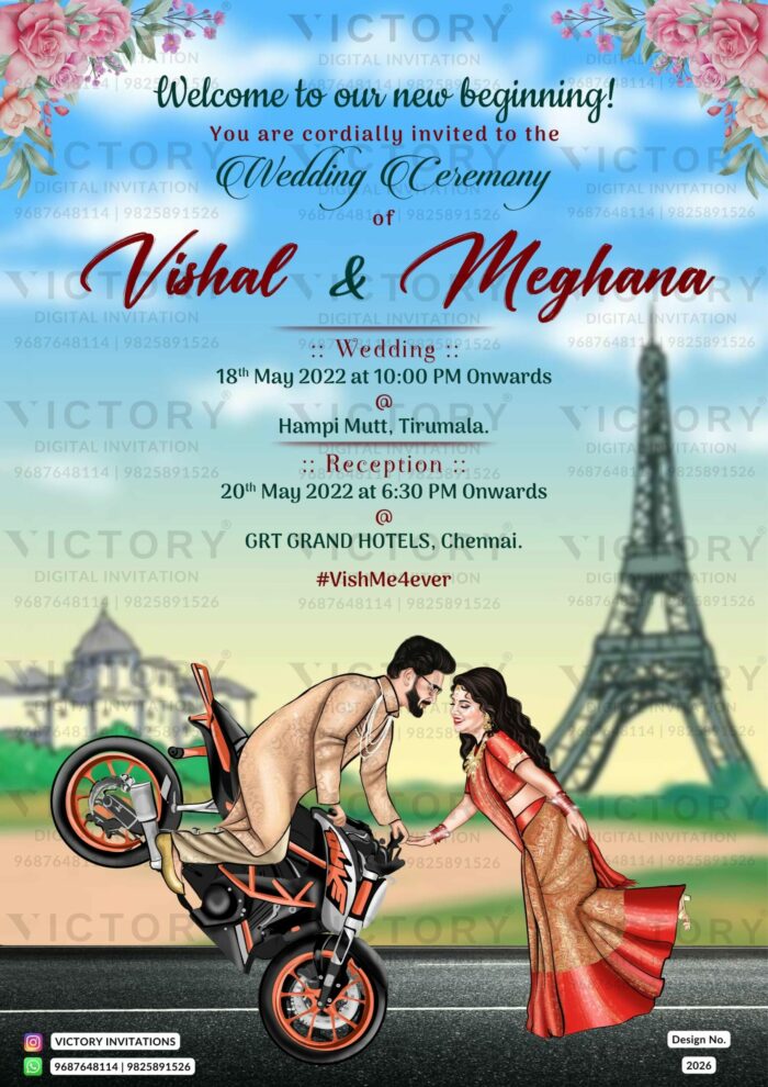 Bollywood couple caricature invitation card for the wedding ceremony of Hindu south indian tamil family in english language with Paris theme design 2026