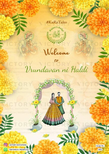 Stunning invitation to celebrate love features traditional attire, marigold and sunflower decor, and delightful couple doodles on a saffron yellow and white backdrop. Design no. 2041