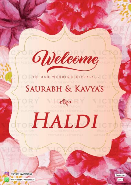 The scenery of Misty Rose Backdrop, Sandy Brown Arch Frame, and Vintage Red & Pink Florals in Our Exquisite Haldi Welcome Standee, design no.2043