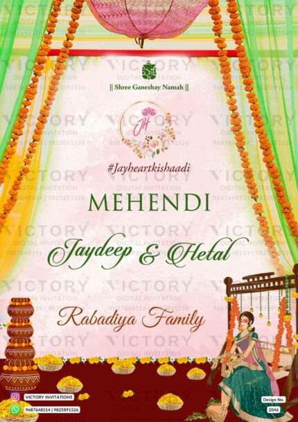An Exquisite Digital Mehendi ceremony Standee Card Featuring a Charming doodle of the Bride and Vibrant Pink Backdrop Adorned with a Majestic Umbrella, Ganesha motif, and Marigold Garland Design no. 2046