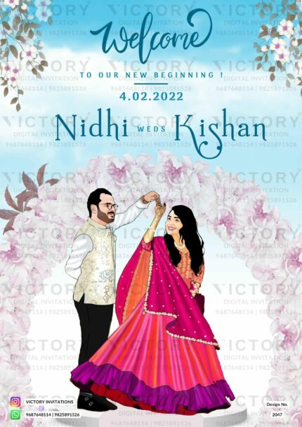 A Beautiful Welcome Standee for a Modern-Indian Wedding Featuring a Charming Caricature of the Couple Under a Cherry Blossom Arch and Lush Floral Arrangements of Poppies, and Roses. Design no. 2047