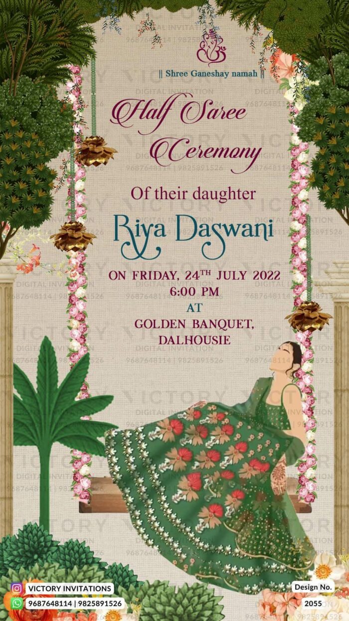 A Pastel Grey Half Saree Invite with Girl's stunning doodle, Ganesha's Motif, and Nature's Floral-leaves Extravaganza, design no.2055