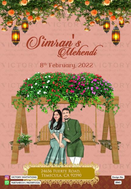 The Majestic Pink Daisy Backdrop, Captivating Couple Caricature, Swing Illustration, Resplendent Orange Roses Florals, and Luxuriant Lush Leaves Arrangements in our Mehendi Invitation, design no.2061