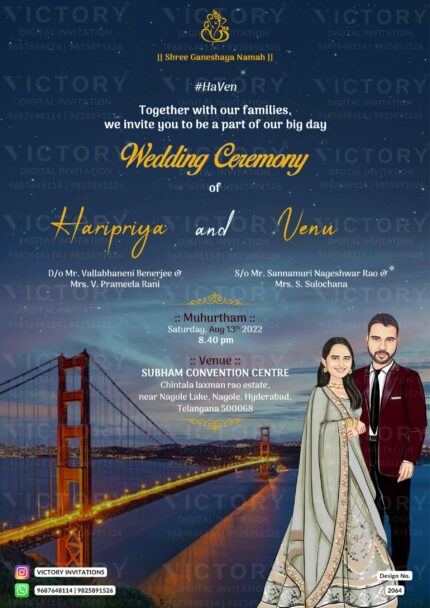Loving couple caricature invitation card for the wedding ceremony of Hindu south indian telugu family in english language with city view theme design 2064