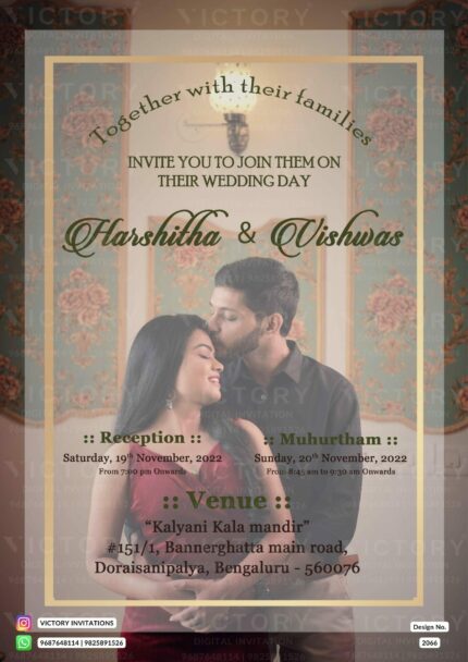 A Captivating digital Wedding Invite with a Pastel Grey Backdrop, a Stunning Portrait of the couple, a Golden Frame, and an Enchanting Wall Design with floral patterns, design no.2066