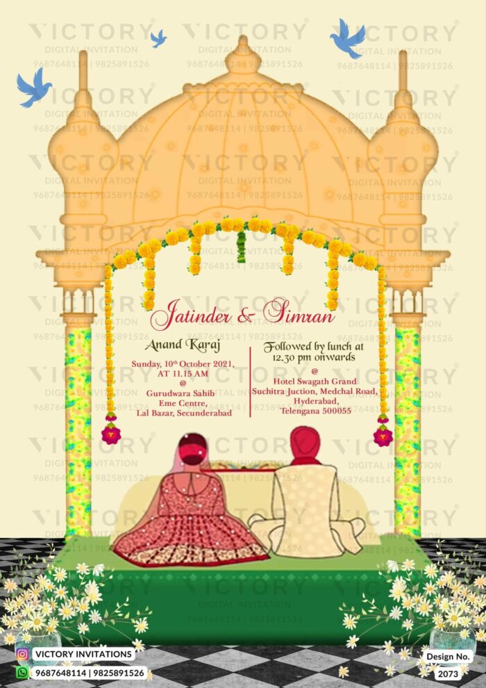 The Majestic Panjabi Wedding Invitation with Bleach White Backdrop, Enchanting Couple's Doodle, the Splendor of Gurudwara Palki and Marigold, and Mint Julep Floral Delights, design no.2073