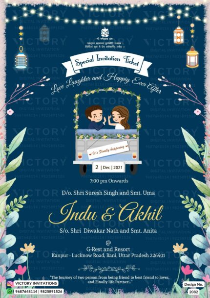 A Captivating digital Wedding invite with a Prussian Blue Backdrop, Stunning Couple Doodle, Celestial Bus Illustration, Divine Ganesha Logo, and Floral Splendor, design no.2082