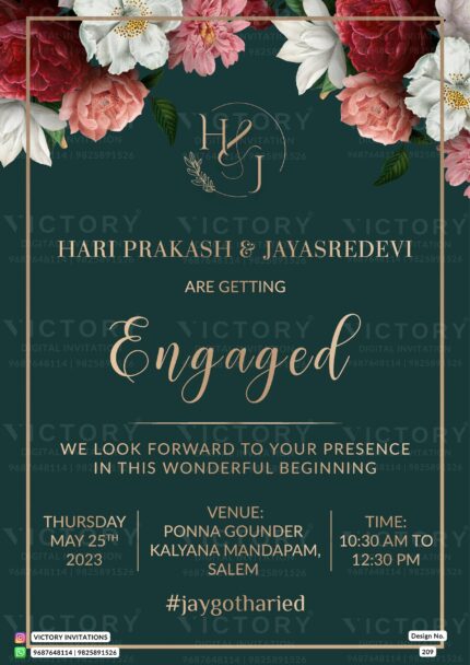 An Enchanting Digital Engagement Invitation with a Timber Green background, Pale Taupe Opulent frame, and Floral Elegance, Design no.209