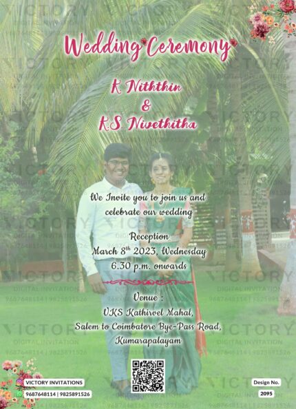 Wedding ceremony invitation card of hindu south indian tamil family in english language with couple photo garden theme design 2095