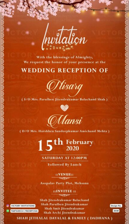 Wedding ceremony invitation card of hindu gujarati patel family in english language with minimalistic theme design 2118