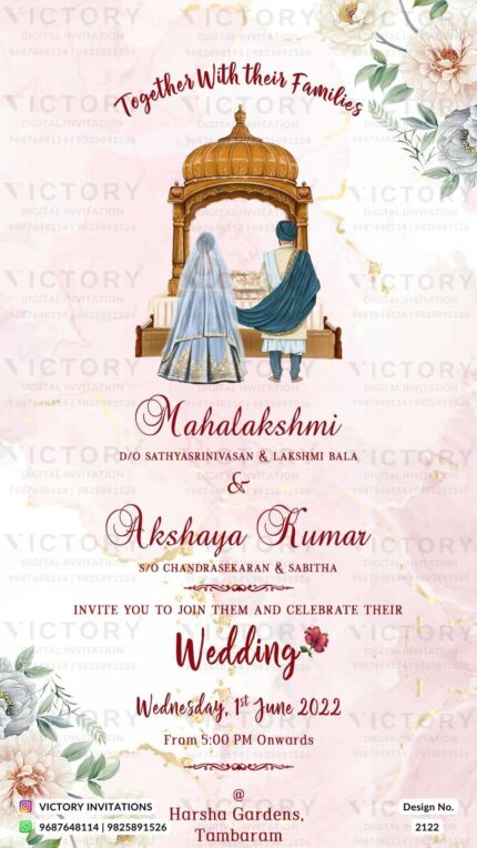 Wedding ceremony invitation card of hindu punjabi sikh family in English language with floral theme design 2122