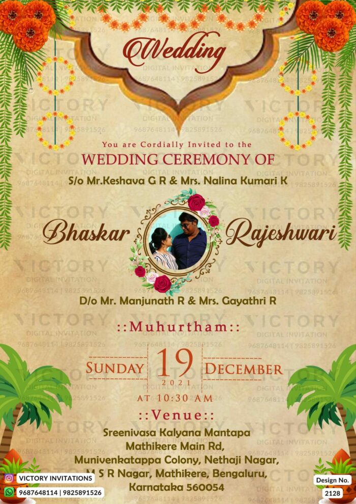 Wedding ceremony invitation card of hindu south indian kannada family in english language with couple photo traditional theme design 2128