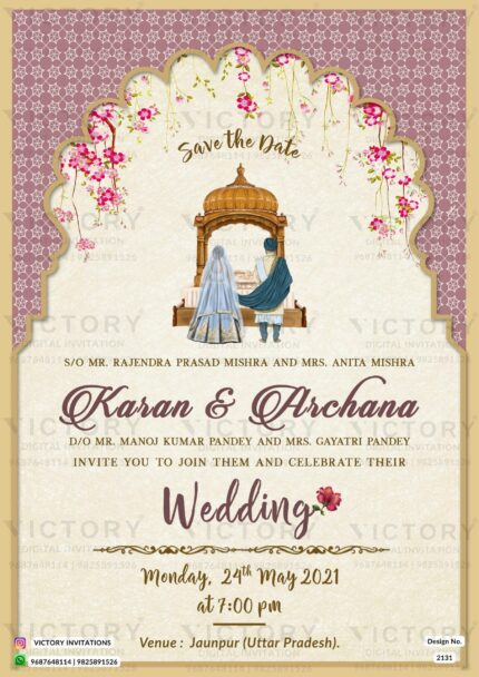 "A Traditional-Modern Wedding Ceremony Invitation with Fawn-Colored Arch, Enchanting Punjabi Doodle" Design no.2131