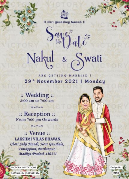 "A Majestic Indian-Hindu Wedding Invitation Featuring the couple's Caricature Adorned on a Solid Platinum Silver Backdrop with Botanical Elements" Design no. 2150