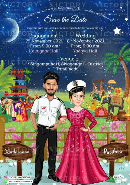 "A Majestic E-invitation Unveiling the Splendor of a Hindu Wedding Ceremony on a Dark Blue Backdrop, featuring a Delightful Caricature and Enchanting Cultural Elements" Design no. 2153
