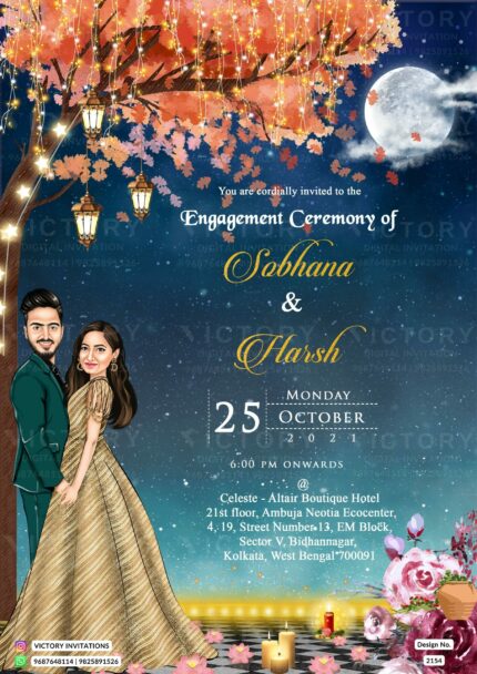 "Enchanting Backdrop Palette and Delightful Caricature Unite in Our Exquisite Digital Invitation for an Indian-Hindu Engagement Ceremony" Design no. 2154