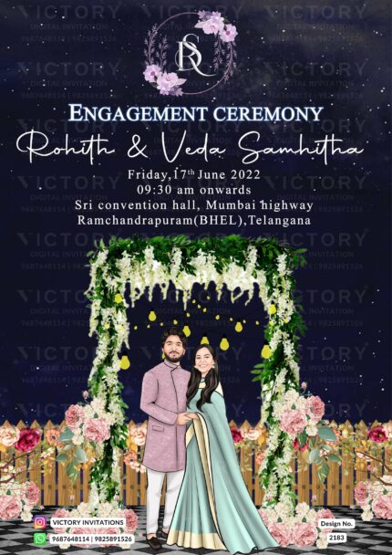 "A Captivating Engagement Ceremony e-Invite featuring a Resplendent Purplish-Blue Backdrop, Delightful Caricature, and Timeless Elegance" Design no. 2183