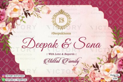 A Standee board in Pink Backdrop, Embracing Delicate Frames, Flourishing Flowers, and Enigmatic Couple Logo, Design no. 2199