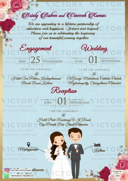 Wedding ceremony invitation card of hindu south indian malayali family in english language with two state theme design 2202