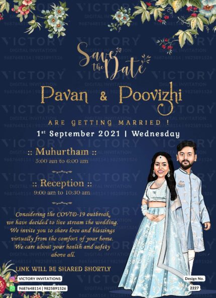 "A stunning E-Wedding Invite with a Navy Blue Background, Botanical Motifs, and a Stunning Couple Caricature" Design no. 2227