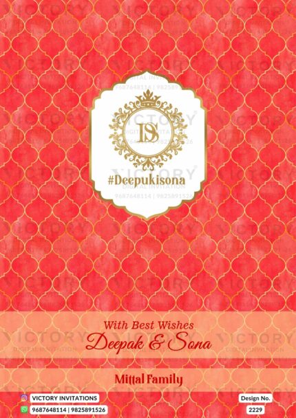 A Mesmerizing standee with Coral Red Hues and Gilded Damask Patterns, Enchantingly Embellished with Couple's Initials, Design no.2229