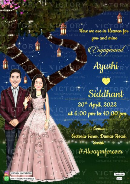 A Mesmerizing Lapis Blue Backdrop, Enchanting Caricatures, and Nature's Greenish Garden Symphony in Victory digital Engagement Invitation, design no..2253