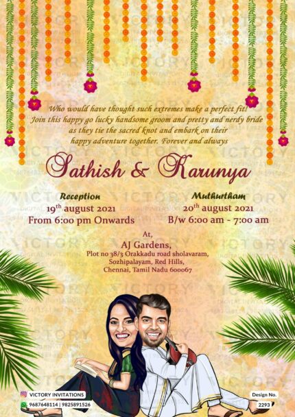 Romantic Bollywood couple caricature invitation card for the wedding ceremony of Hindu south indian tamil family in english language with Banana Leaves theme design 2293