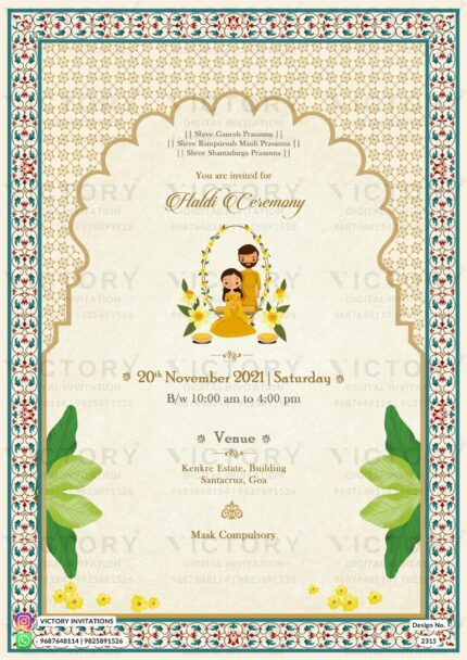 A Traditional-Modern Haldi Ceremony Invitation with a Merino Background, an Enchanting doodle of the couple, Fawn and Greenish Blue Arch frame splendour" design no.2315
