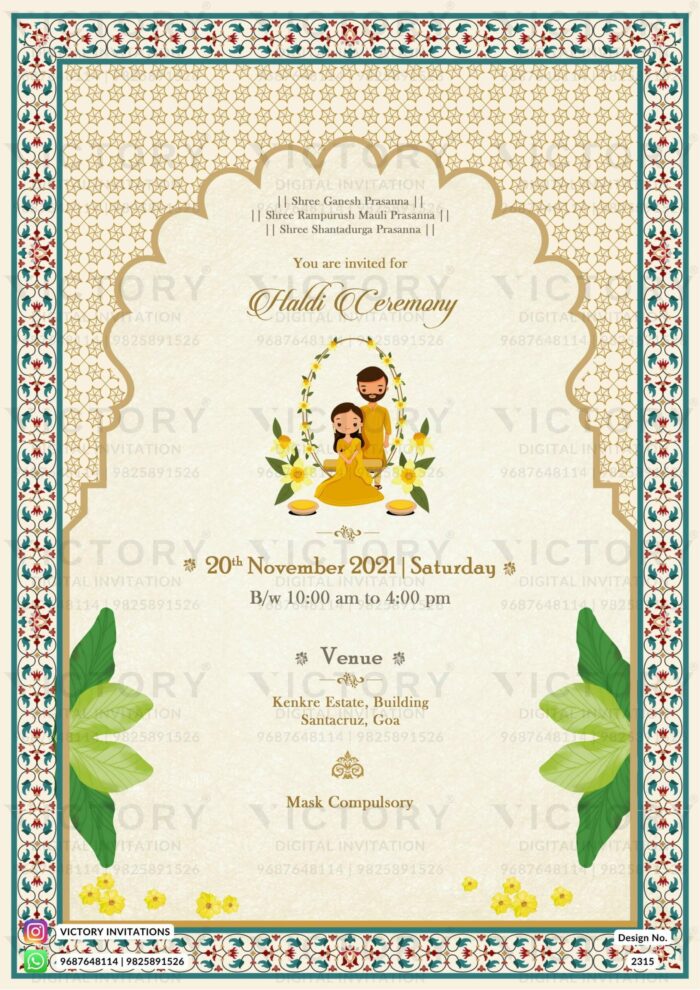A Traditional-Modern Haldi Ceremony Invitation with a Merino Background, an Enchanting doodle of the couple, Fawn and Greenish Blue Arch frame splendour" design no.2315