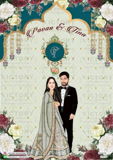 Traditional Pastel Green and Teal Floral Theme Indian Electronic Wedding Invitations with Couple Caricature Illustration, Design no. 2359