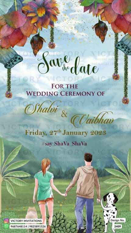 "A Captivating Digital Save The Date Invitation Featuring Majestic Mountains, Playful Green Grass, and a Charming Couple Doodle in Western Attire" Design no. 2409