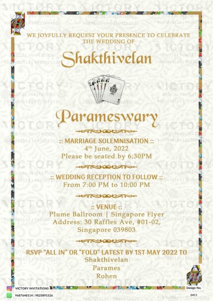 Wedding ceremony invitation card of hindu south indian modern family in english language with casino theme design 2411