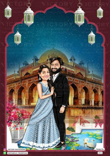 An Enchanting Venice Blue Backdrop, Stunning Couple Caricature, Captivating Mahal illustrations, and Arch frame design in our Exquisite Engagement Invitation, design no.2413